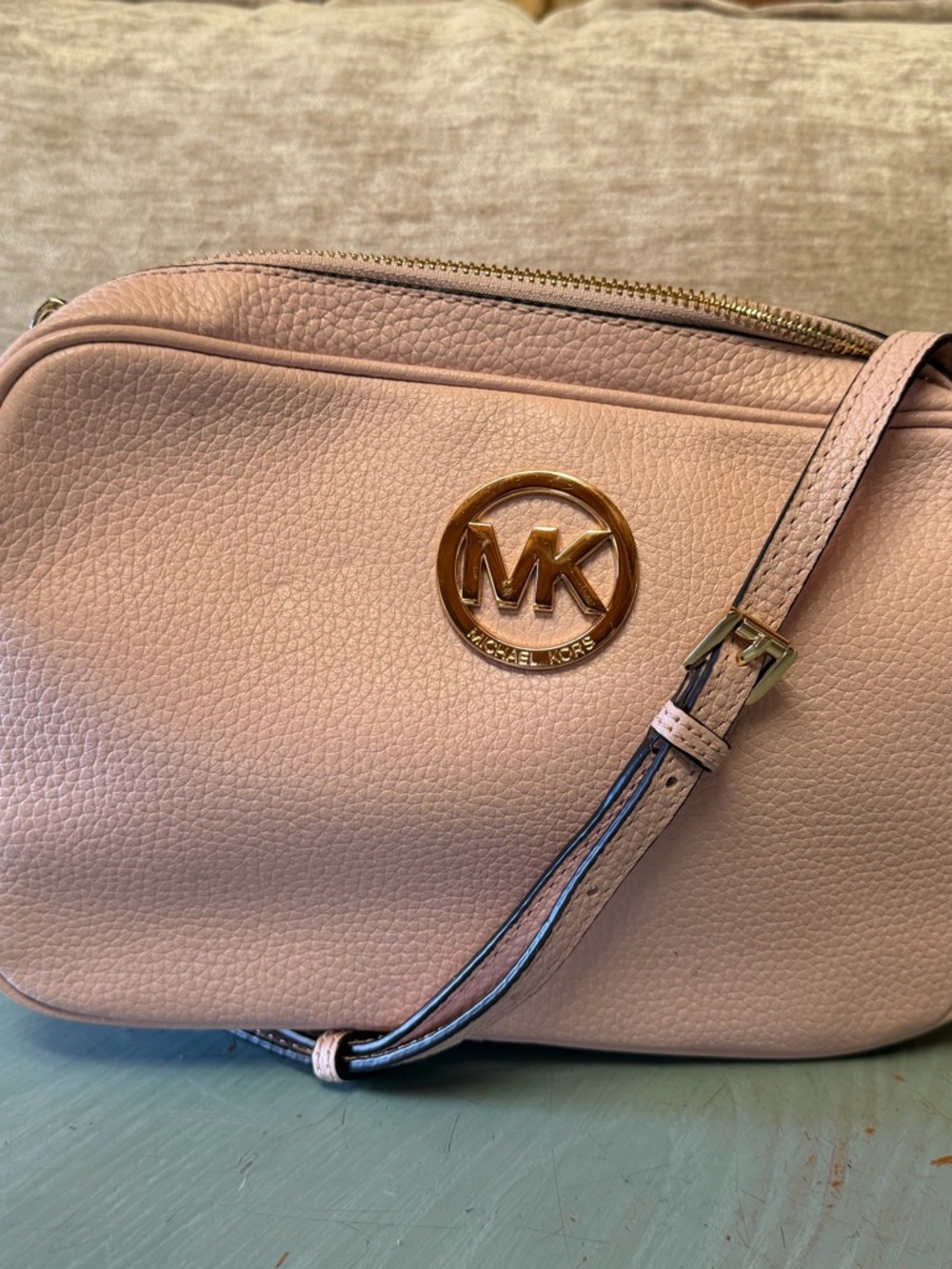 Michael Kors Blush Pebbled Leather Crossbody Bag with Gold MK Logo